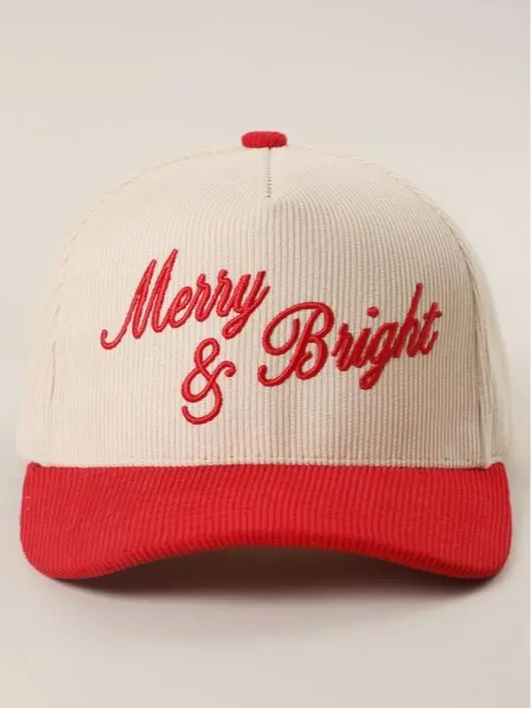 Merry & Bright Embroidered Two-Tone Corduroy Trucker Hat Christmas