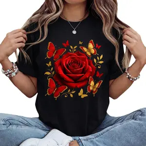 Ornate Red Rose And Butterflies T-Shirt Vintage Style Floral Design For Women Who Love Bold Prints