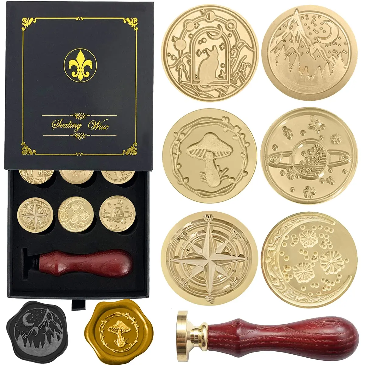 Wax Seal Gift Box Set - Sealing Wax Kit with Copper Seals and Wooden Hilt for Cards, Envelopes, and Gift Packaging