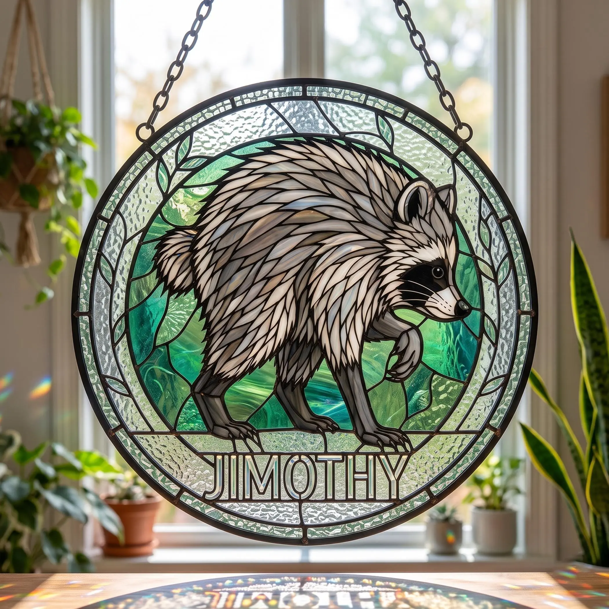 Jimothy Raccoon Acrylic Suncatcher, Stained Glass Style Window Hanging, Woodland Animal Sun Catcher Ornament, Nature Home Decor Gift for Raccoon Lovers