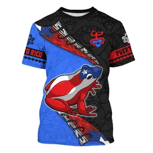 Unisex Puerto Rico Coqui Frog Tribal T - Shirt with Red White Blue Flag Details, Perfect for Puerto Rican Heritage Celebrations, Casual Daily Wear, Parties & Parades for Men & Women