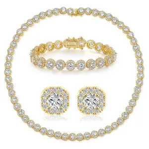 Gemsme Cubic Zirconia Tennis Necklace/Bracelet/Earrings Sets for Women Men Halo Jewelry Set