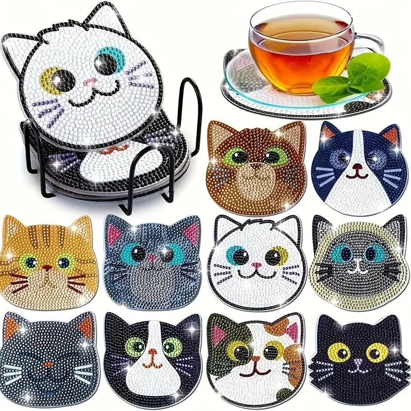 10 pieces/Set of Diamond Art Painting Coasters - Cat-themed Diamond Art Painting Set Wooden anti-slip coasters, DIY suitable for beginners and adult gifts, Home