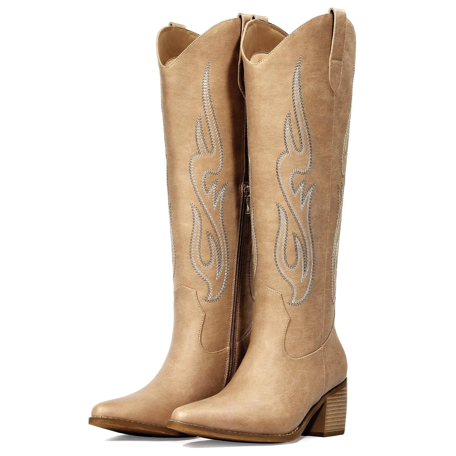 Cowboy Boots for Women - Cowgirl Knee High Western Boots with Side Zip and Embroidered, Pointed Toe Chunky Heel Retro Classic Tall Boot Pull On for Ladies Fall Winter Size 8