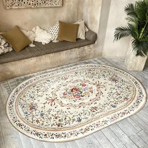 Luxurious Soft Faux Cashmere Oval Area Rug, Plush Non-Slip Design for Living Room and Bedroom, Floral Pattern Carpet