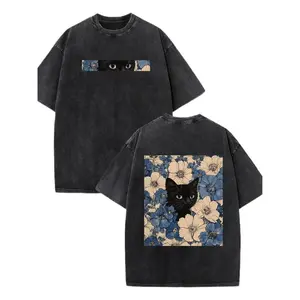 Black Cat Floral Pattern, Fun Print, Vintage Washed Pure Cotton T-shirt Y2k Style American Street Style Suitable for Both Men and Women To Wear Men Gifts Round Neck Basic