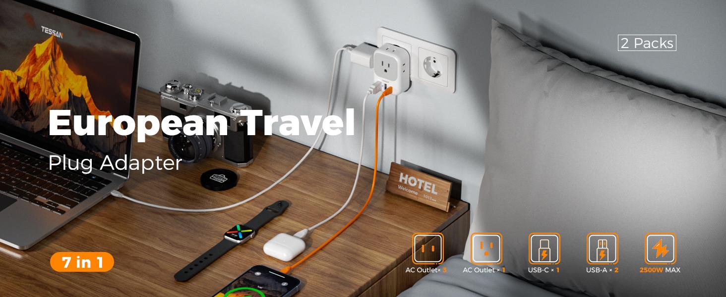 TESSAN Rectangle Universal Socket Travel Plug Adapter - Multiple Outlet Wall Plug, 4 AC Outlets, 3 USB Ports (1 USB-C), 100-250V, for Europe, UK, Australia