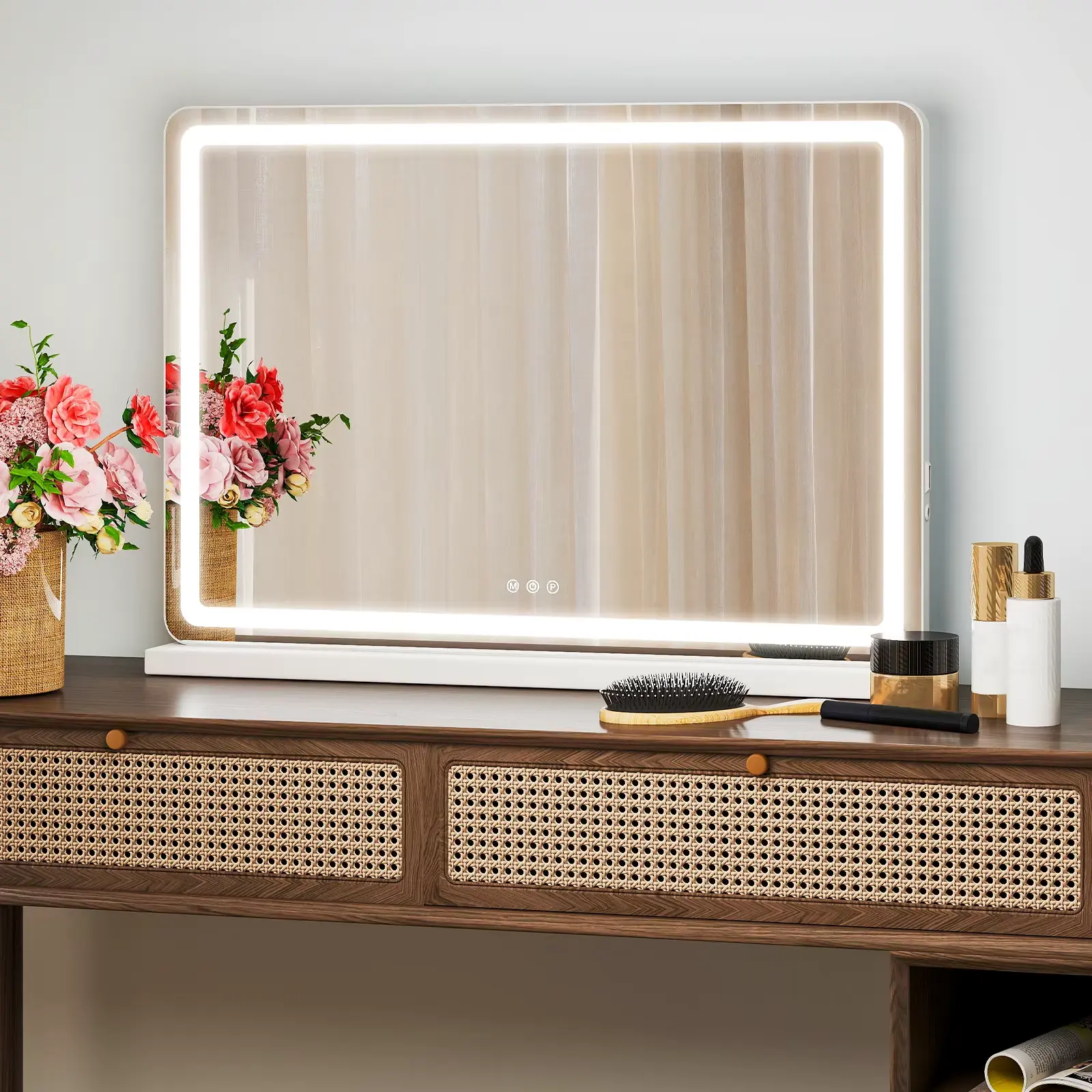 AuraHome LED Vanity Makeup Glass Mirror - Sleek Durable Aluminium Frame, 3 Smart Color Lighting Modes (Warm/Natural/Cool), Dimmable High-Definition with Memory Function, Modern Tabletop & Wall-Mount Decor for Bedroom with Clear Reflection