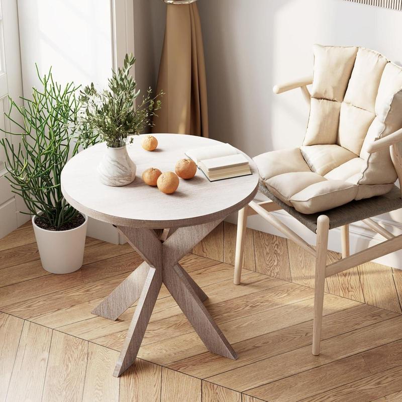 COZAYH Farmhouse Round Wooden End Table with Cross Legs, Vintage Grey Finish