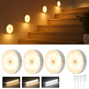 Stair Lights Indoor,Warm White Rechargeable Night Light,Wireless Motion Sensor Night Light,Battery Stick On Lights for Stairway,Hallway,Kitchen,Closet,Cabinet,Bedroom,Kids' Room(4-Pack)
