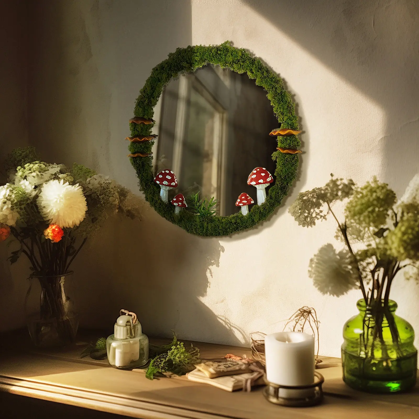 Handmade Mushroom Moss Round Wall Mirror, Cottagecore Bathroom Fixture - Whimsical Nature-Inspired Accent for Bedroom, Nursery Home Improvement