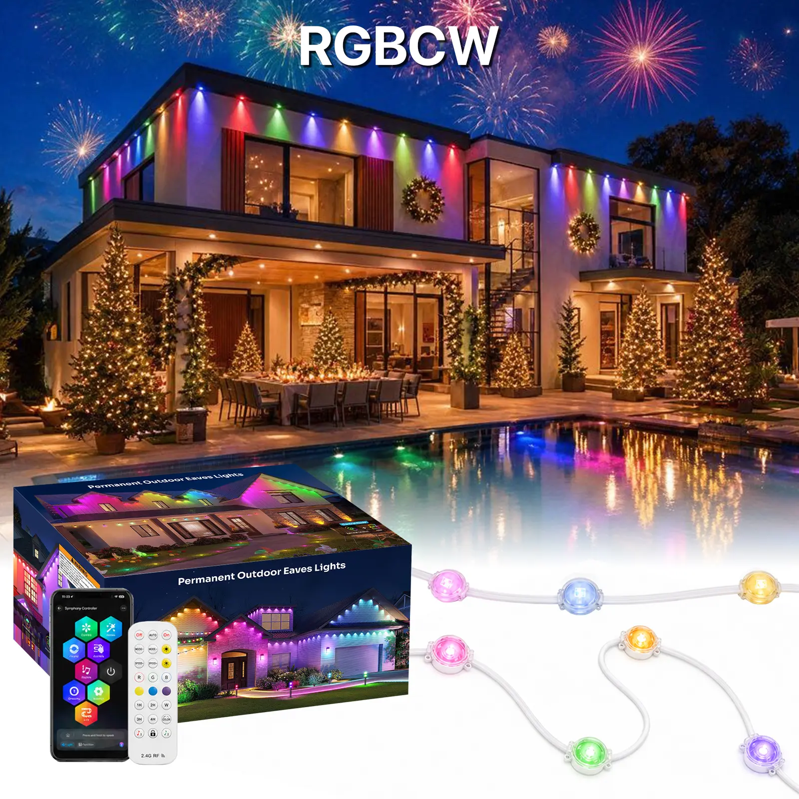 GLITGATE Permanent Outdoor Eaves Lights, IP67 Waterproof RGBIC LED Roofline Lights with Remote and Bluetooth App Control, 16 Million Colors, 75 Scenes, Music Sync, Smart Under-Eave Lighting for Christmas, Halloween, Holiday, Party and Daily Home Decor