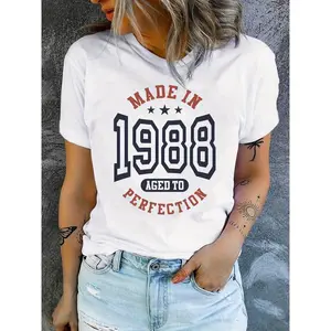 Women's Vintage 1988 Graphic T-Shirt - Retro "Made 1988 Aged to Perfection" Design, Casual Short Sleeve Round Neck Summer Tee, Machine Washable, Ladies T-shirts, Weekend Style, Classic Tee, Durable Tee, Statement Shirt, Fashion Lovers