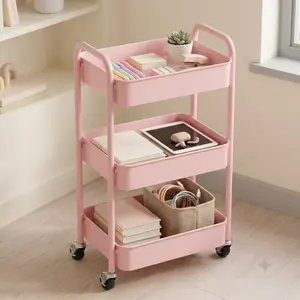 3-Tier Rolling Utility Cart with Handle,  multi-layer storage box , Mobile Storage Shelving Unit for Kitchen, Bathroom, Makeup & Craft, Multi-functional Space Saving Trolley with Lockable Wheels, Easy Assembly Office Organizer Cosmetic Holder