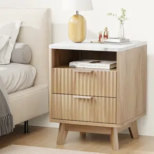 Fluted Oak Nightstand with 2 Drawers , 18" Modern Bed Night Stand with Faux Marble Top, Open Storage Shelf, Living Room End Table, Curved Edge Bedside Table for Bedroom
