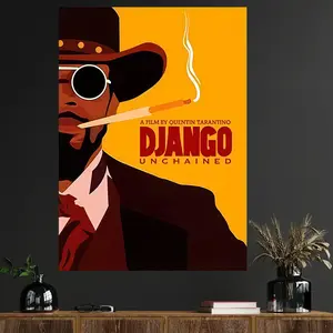 2D Flat, 1 Piece Quentin Tarantino <Django Unchained> Inspired Canvas Poster - Modern Film Art Print, Django Character Portrait, Bold Yellow and Brown Cinema Decoration - Frameless Wall Hanging, Suitable for Living Room, Home Office, Bar - Django Mo