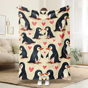 1 Comfortable Penguin And Heart Flannel Blanket, Soft Printed Cooling Blanket, Suitable For All Year Round, 100% Polyester, Perfect Gift For Family And Friends