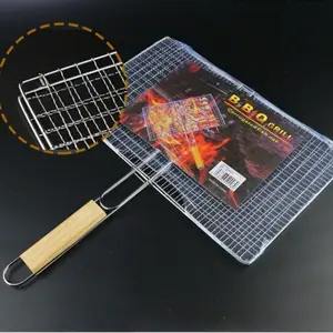All-Round Even Grilling BBQ Basket Mesh Rack with Heatproof Wooden Handle Easy Flip Design for Fish Veggie Steak Portable Essential for Picnic Party & Outdoor Gathering, Barbecue Accessories