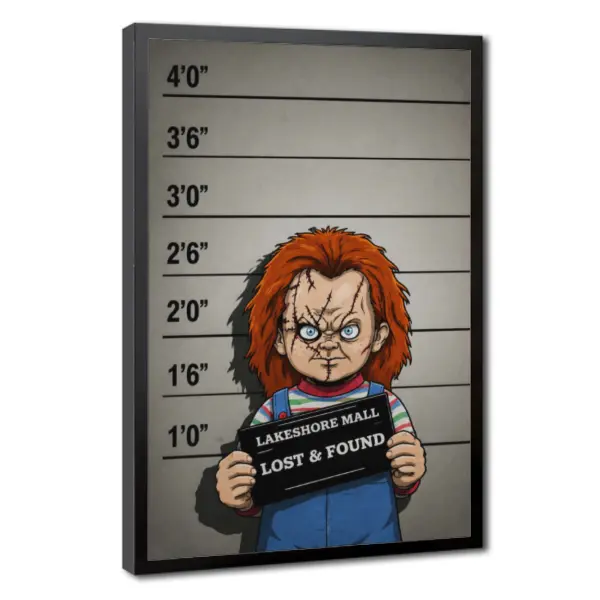 Horror Movie Character Mugshot Wall Art, Chucky Inspired Horror Poster, Scary Cartoon Canvas Painting, Halloween Party Decoration, Creepy Home Hanging Artwork for Bedroom Living Room Bar Man Cave Decor