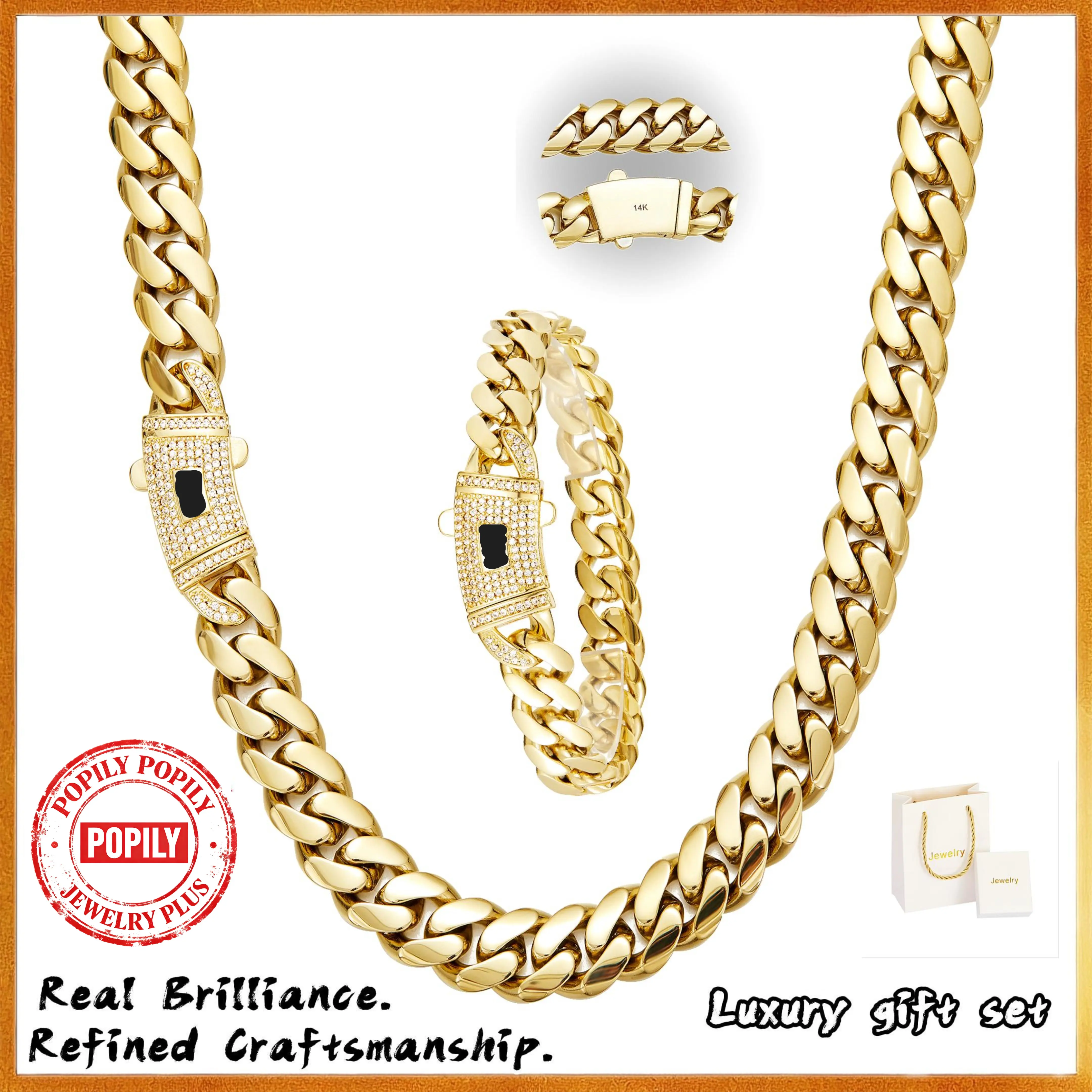 【2026 Completely Upgraded】14K Gold-Plated Cuban Chain Necklace & Bracelet Set with Exquisite Craftsmanship and Shimmering White Stones, Timeless Miami Design, Perfect Gift for Him or Her，Mother's Day and Father's Day Gifts