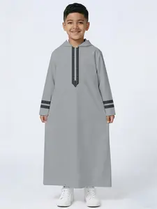 Muslim Boy Hooded Embroidered Print Robe, Simple Yet Elegant Design, Protects Faith and Elegance, Long Sleeve Loungewear