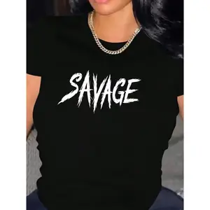 Savage" Bold Graphic Women's T-Shirt - Casual Crew Neck, Short Sleeve, 100% Polyester, Machine Washable - White with Black Typography