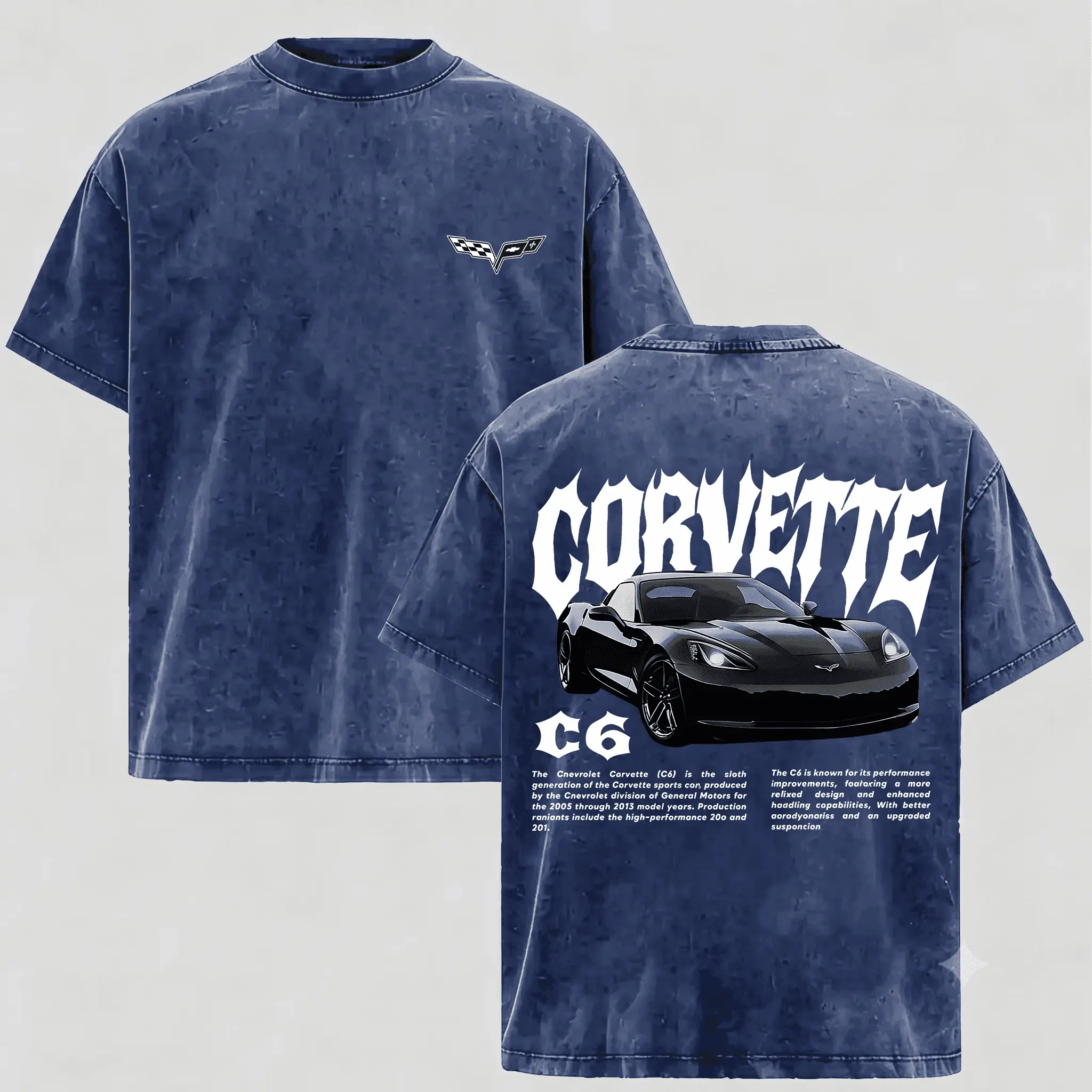 Oversized Graphic T-Shirt with Vintage Washed Corvette C6 Print, Soft Cotton Casual Streetwear for Men