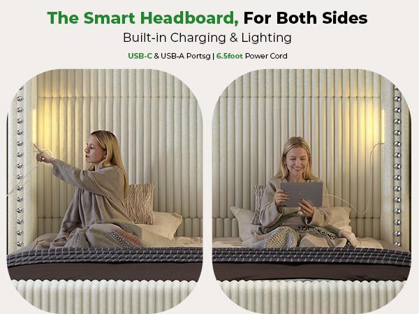 【Ships in 1 or 2 Packages】Wingback Bed Frame with Reading Lights, Corduroy Upholstered Headboard with USB Ports, Noise-Free Platform Bed Frame 1200 lbs Heavy Duty, Aesthetic Bedroom Decor Must Have Gift for Teen Girls Women,Summervibes