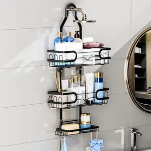3 Tier Shower Caddy Easy Installation Shower Hanging Organizer Large Capacity Wall-mounted Rustproof Shower Shelf with Hooks for Towels Sponge