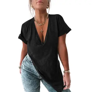 UNCLECAT Womens Deep V Neck T Shirts Oversized Side Split Summer Loose Sexy Tunic Tops