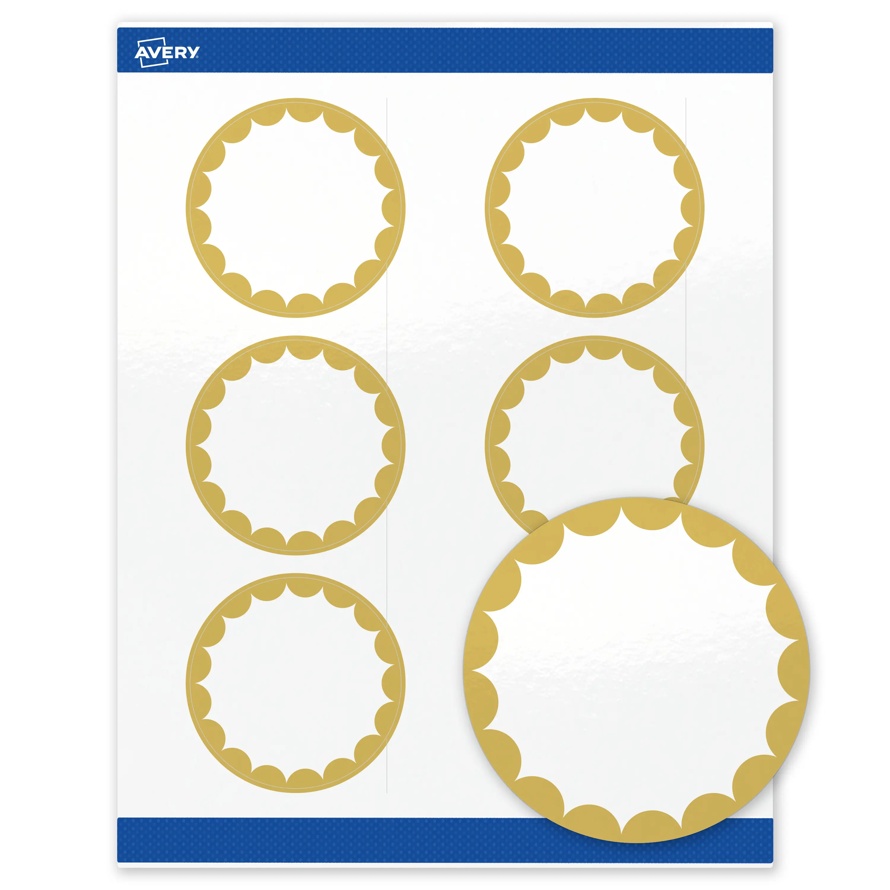 Avery Printable Round Labels, Gold Edge Dots, 3" Diameter, Glossy White Round Labels, Permanent, Laser/Inkjet, 60ct, Great for Product Labels