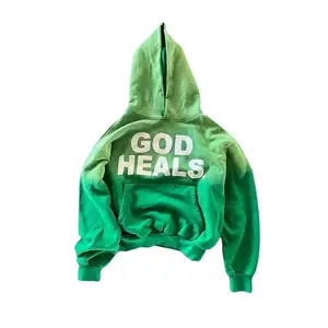 God Heals Print Hoodie Green Long Sleeve Hip Hop Zip Up Jacket for Men Casual Loose Fit Street Style Pullover Tops Menswear Streetwear Stylish Sweatshirts Orange Can be used with raincoat
