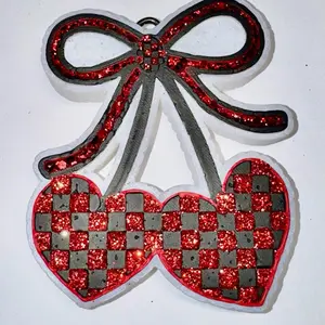 Cherry Hearts Bow Cute Custom Car Freshie Freshener with Vibrant Checkered Design