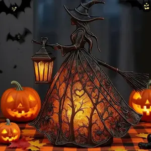 Halloween Witch Lamp Lighted Lantern Decoration Spooky Gothic Witch Statue Standing Night Light Resin Sculpture Ornament for Home Bedroom Decor
