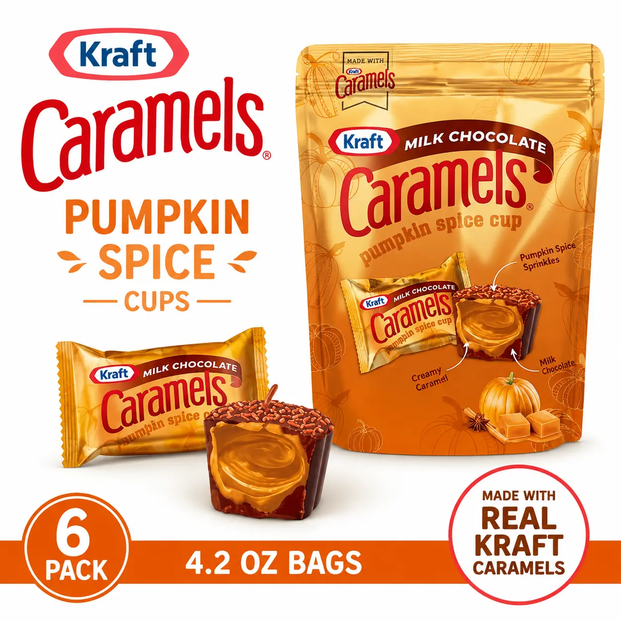 Kraft Caramels Pumpkin Spice Caramel Cups 4.2 oz 6 Pack  Seasonal Caramel Chocolate Candy | Fall Holiday Treats