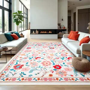 Beige Textured Weave Flannel Non-Slip Indoor Area Rug - Washable Retro Floral Print Low Pile Carpet, Multi-Size (5x8, 6x9, 8x10, 9x12 ft) for Living Room Decor, Farmhouse Vibe Spaces-VC