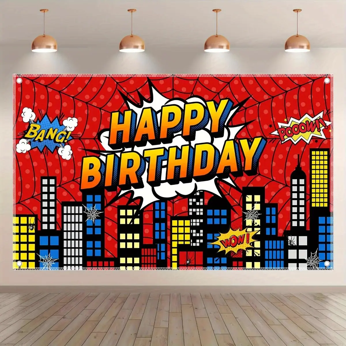Happy Birthday Polyester Photography Backdrop, Red And Blue Comics Theme City Party Photo Background Tapestry,  Buildings Banner Decorations