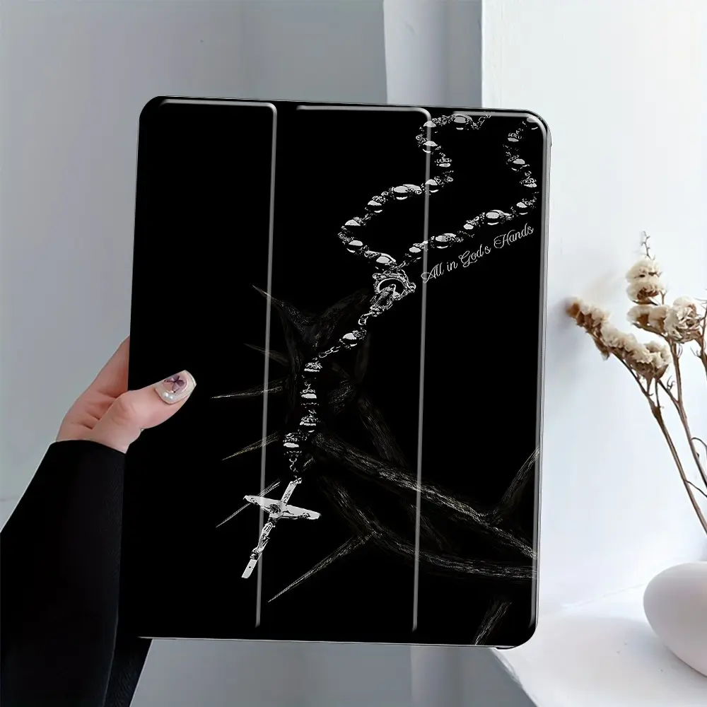 Christian Rosary Tablet Cover, Black Aesthetic Protector, Smart Sleep/Wake, Anti-Scratch & Drop Proof, Clear Shell, Durable Tablet Casing, Fits 7.9/8.3/10.2/10.5/10.9/11/12.9/13 Inch, Full-body Shock Guard for Office
