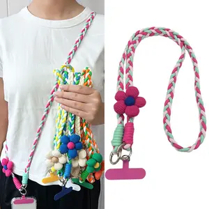 #JY Dopamine-style adjustable crossbody phone lanyard: braided, three-tone color-block floral design; versatile, durable, and anti-loss.
