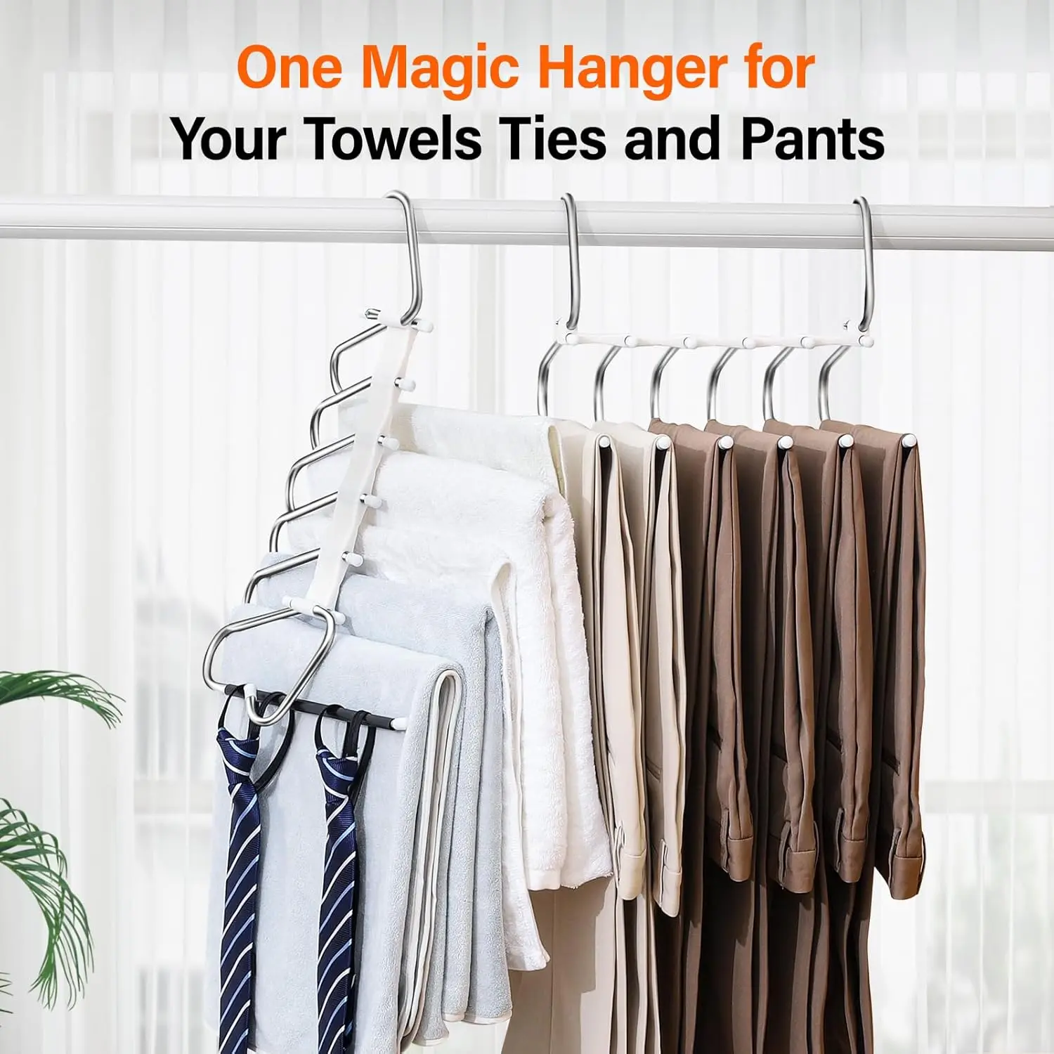 Multifunctional 9-Tier Stainless Steel Clothes Hanger - Foldable, Space-Saving Heavy Duty Bedroom Closet Organizer for Small Spaces, Smooth Edges, Non-Slip Coating, 5 Plastic Hooks, ABS Hanging for Leggings, Jeans, Lightweight, Adjustable, Multi-Tiered, M