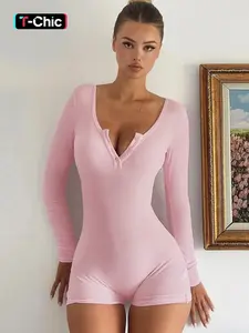 Women's Plain Button Front Ribbed Medium Romper, Casual Long Sleeve Skinny Romper for Spring & Fall, Women's Clothes for Daily Wear, Womenswear