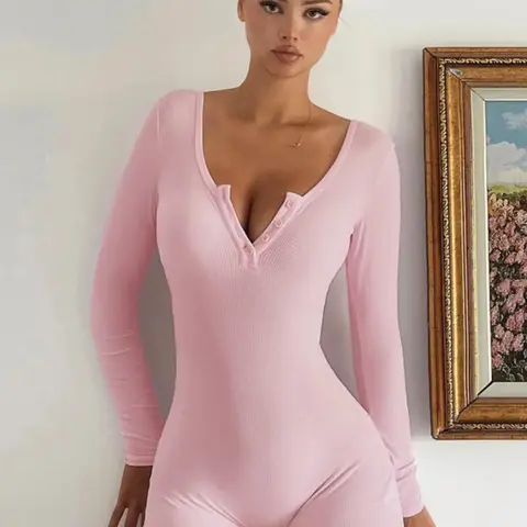Women's Plain Button Front Ribbed Medium Vneck Romper, Casual Long Sleeve Skinny Romper for Spring & Fall, Women's Clothes for Daily Wear, Womenswear