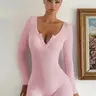 Women's Plain Button Front Ribbed Medium Vneck Romper, Casual Long Sleeve Skinny Romper for Spring & Fall, Women's Clothes for Daily Wear, Womenswear