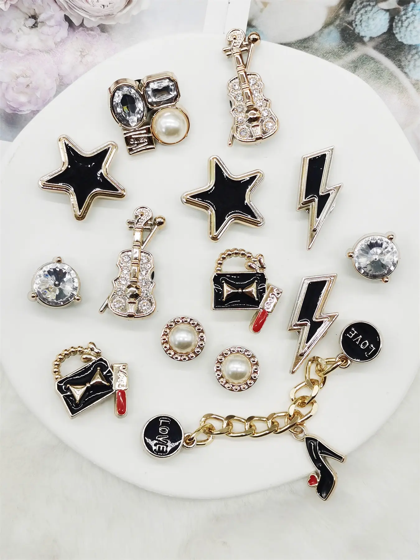 14PCS ABS Resin Lightning Sparkling Shoe Charms Rhinestone Star Shoes Decorations Faux Bead Bowknot Shoe Accessories DIY Heart Chain High Heels Shoe Clips Fit Women Sandals Footwear, Shoe Embellishments, Shoe Adornment, Shoe Embellishment Set