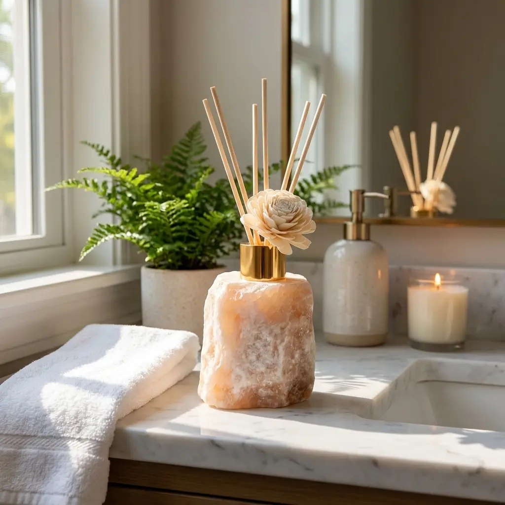 Natural Raw Crystal Reed Diffuser Bottle Set with Gold Collar and Sola Flower, Luxury Gemstone Essential Oil Aromatherapy Diffuser for Home Office, Organic Stone Fragrance Decor Housewarming Gift