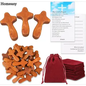 Homeasy 50 Set Small Wooden Crosses in Bulk Hand Held Prayer Pocket Crosses Fidget with Velvet Pouch and Prayer Cards Jerusalem Christian Church Mental Health Gifts 2.56'' Mini Holding Crucifix