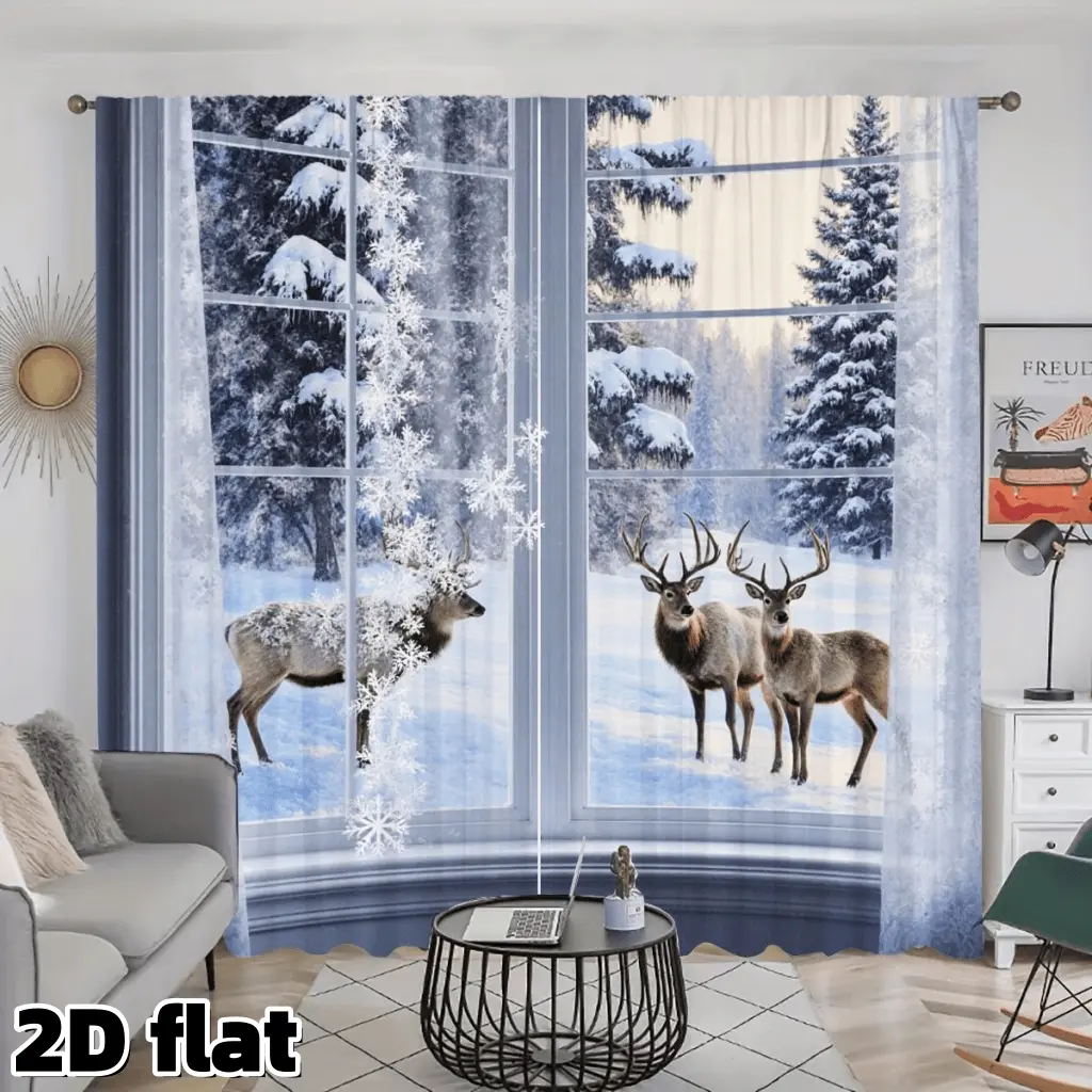 2D Flat 2Pcs Winter Wonderland Deer Print Curtains, Snowy Forest Scene, Rod Pocket Design, Semi Sheer Polyester, Holiday Theme Home Decor, Home Decoration Curtain, For Living Room Bedroom Kitchen Study Window Treatment, Light Filtering Privacy Protection