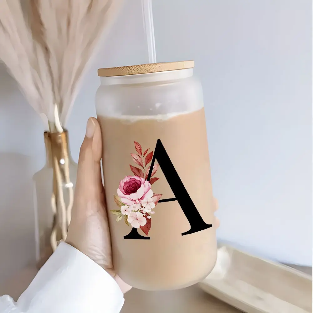 1PC, Letter Flower A-Z Coffee Mugs for Office and Home, 16OZ Glass Cups With Bamboo Lids And Straw, Birthday Gifts for Women, Mom, Best Friend, Bride, Bridesmaid Gift, Frosted Glass Jar Gift, Water Tumbler With Straw, Tumbler, Drinkware