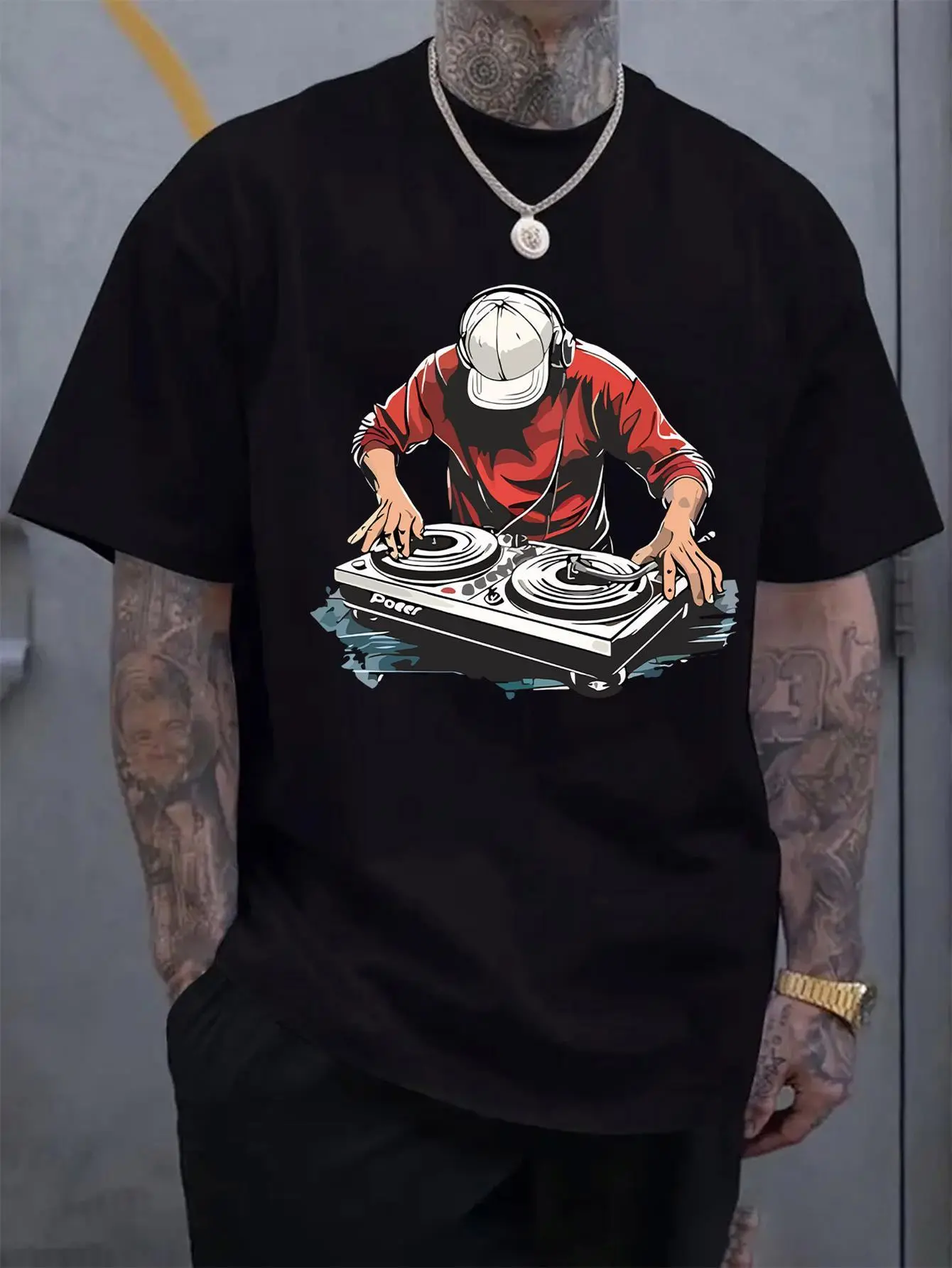 Mens DJ Graphic T-Shirt - Black Tee with Red DJ He unisex soft cotton short sleeve t shirt, vintage graphic casual tee for men women teens, perfect birthday holiday gift for camping travel gym daily street casual wear