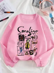 Women's Cartoon Coraline Graphic Print Crew Neck Sweatshirt, Casual Long Sleeve Pullover, Women's Fall & Winter Cotton